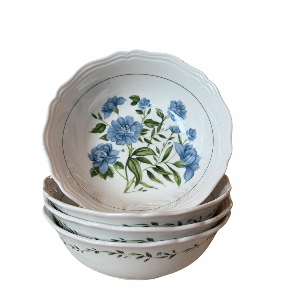 Envogue Blue Floral Salad Bowls 7in Porcelain Set of 4 Scalloped New